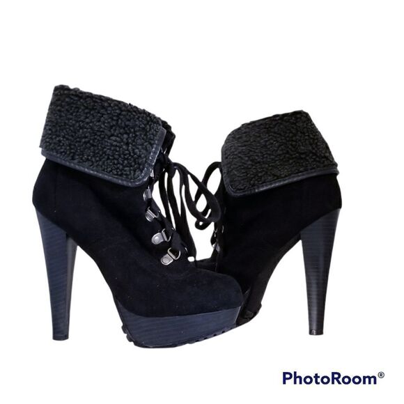 Black Suede & Sherpa heeled booties - Picture 1 of 3